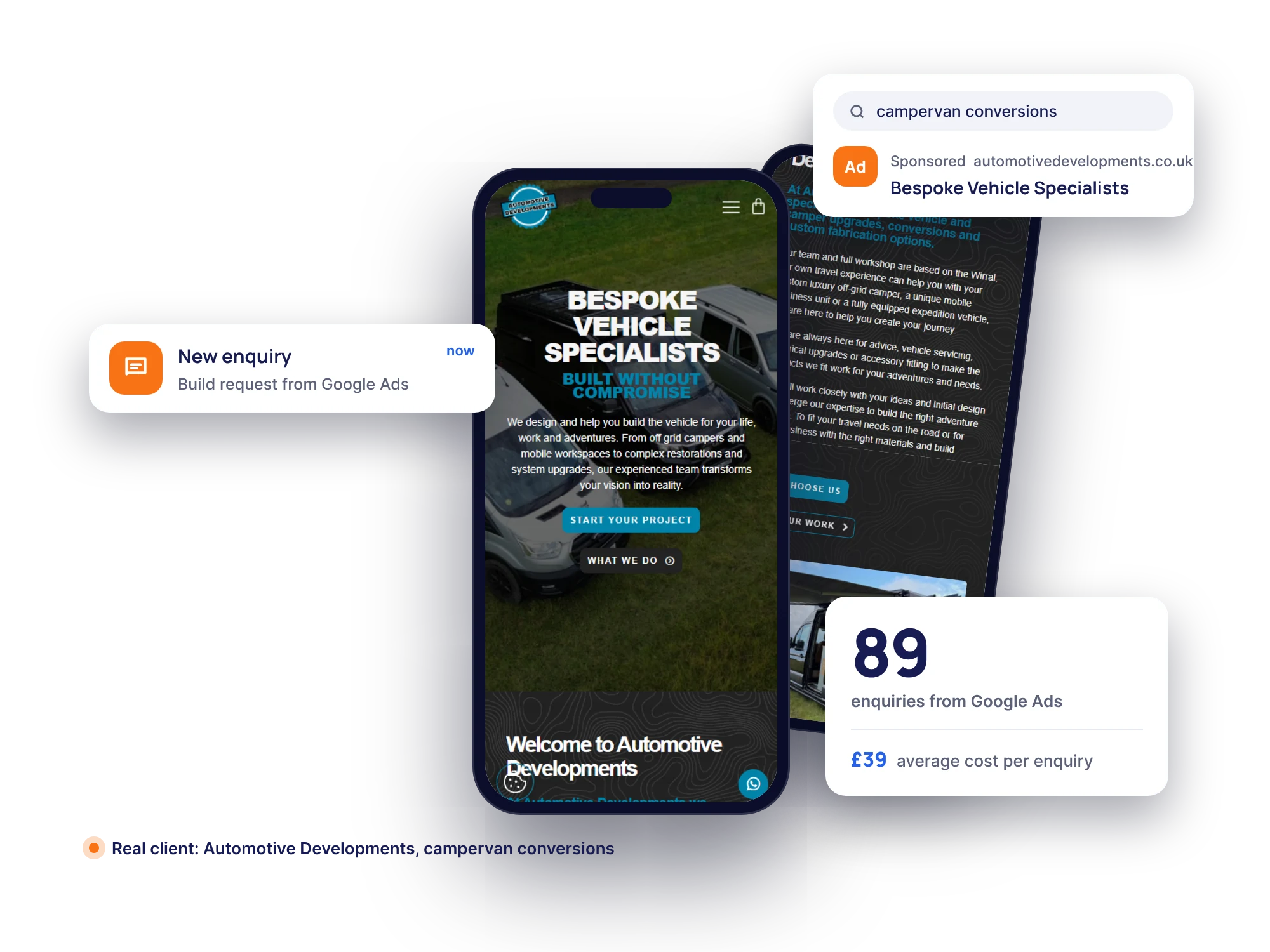 Automotive Developments website on two phones, with project highlights